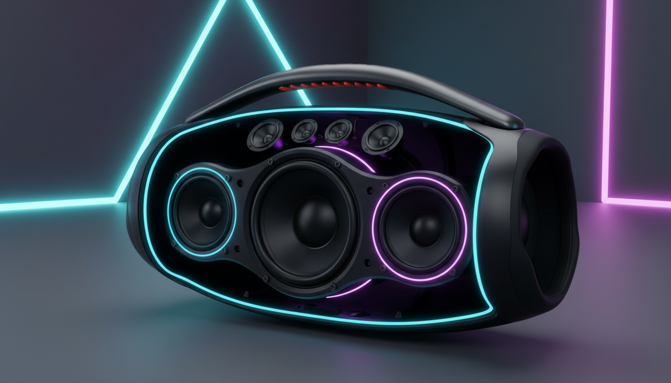 3D cutaway of JBL Boombox 3 showing subwoofer, midrange drivers, and tweeters.