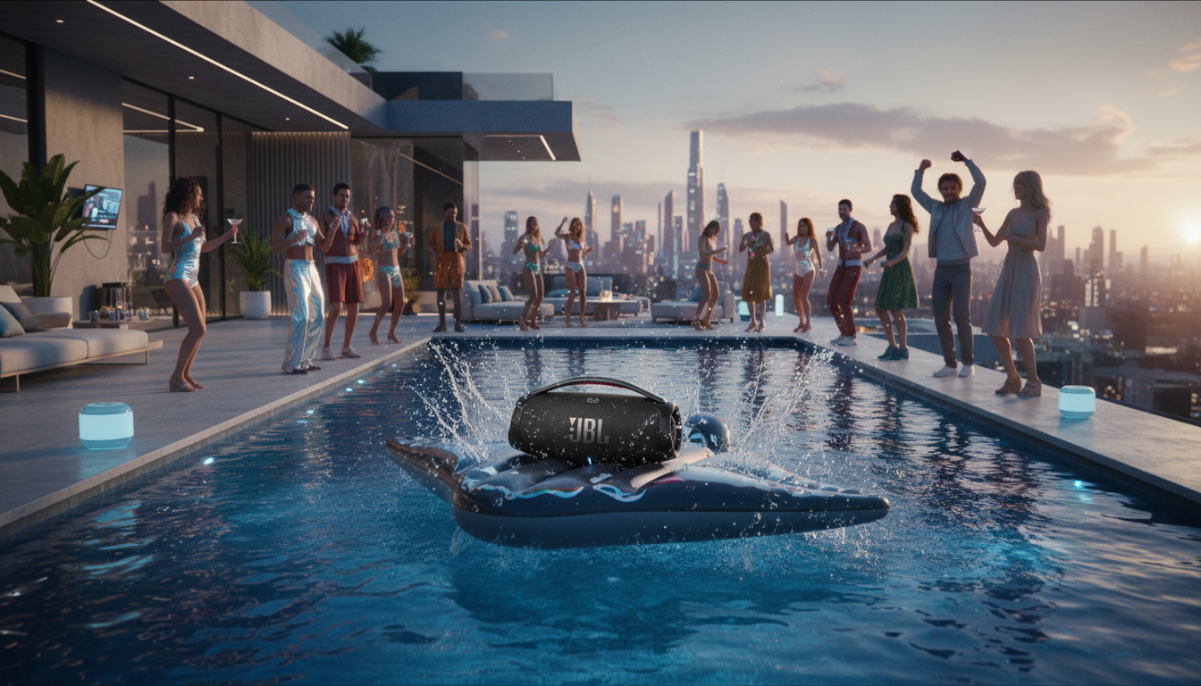 JBL Boombox 3 at the center of a pool party with water splashes and energetic atmosphere.