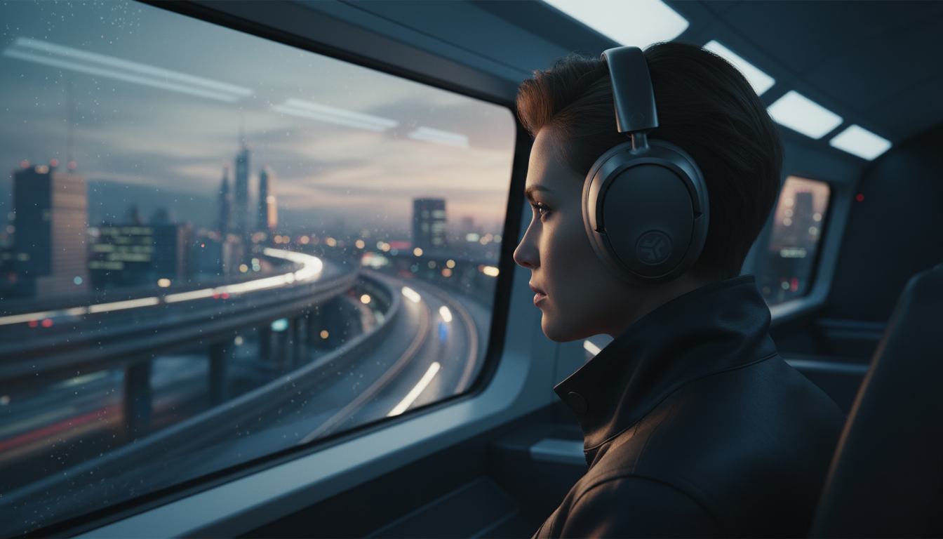 Person wearing JLab over-ear headphones looking out a train window in a futuristic setting. Best budget headphones