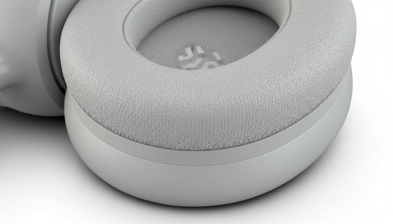 Close-up of JLab headphone earcup showing soft foam padding and breathable texture.