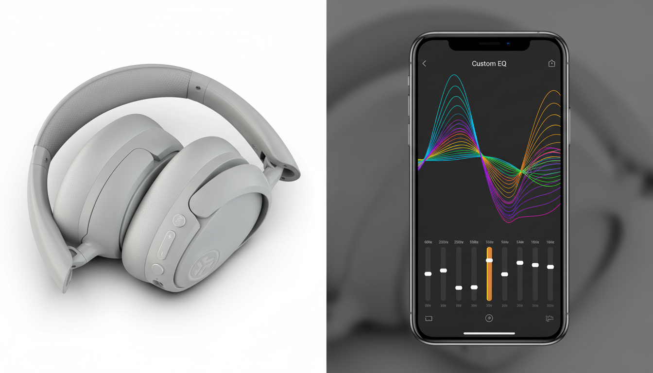 JLab headphones paired with smartphone displaying EQ settings and sound customization.