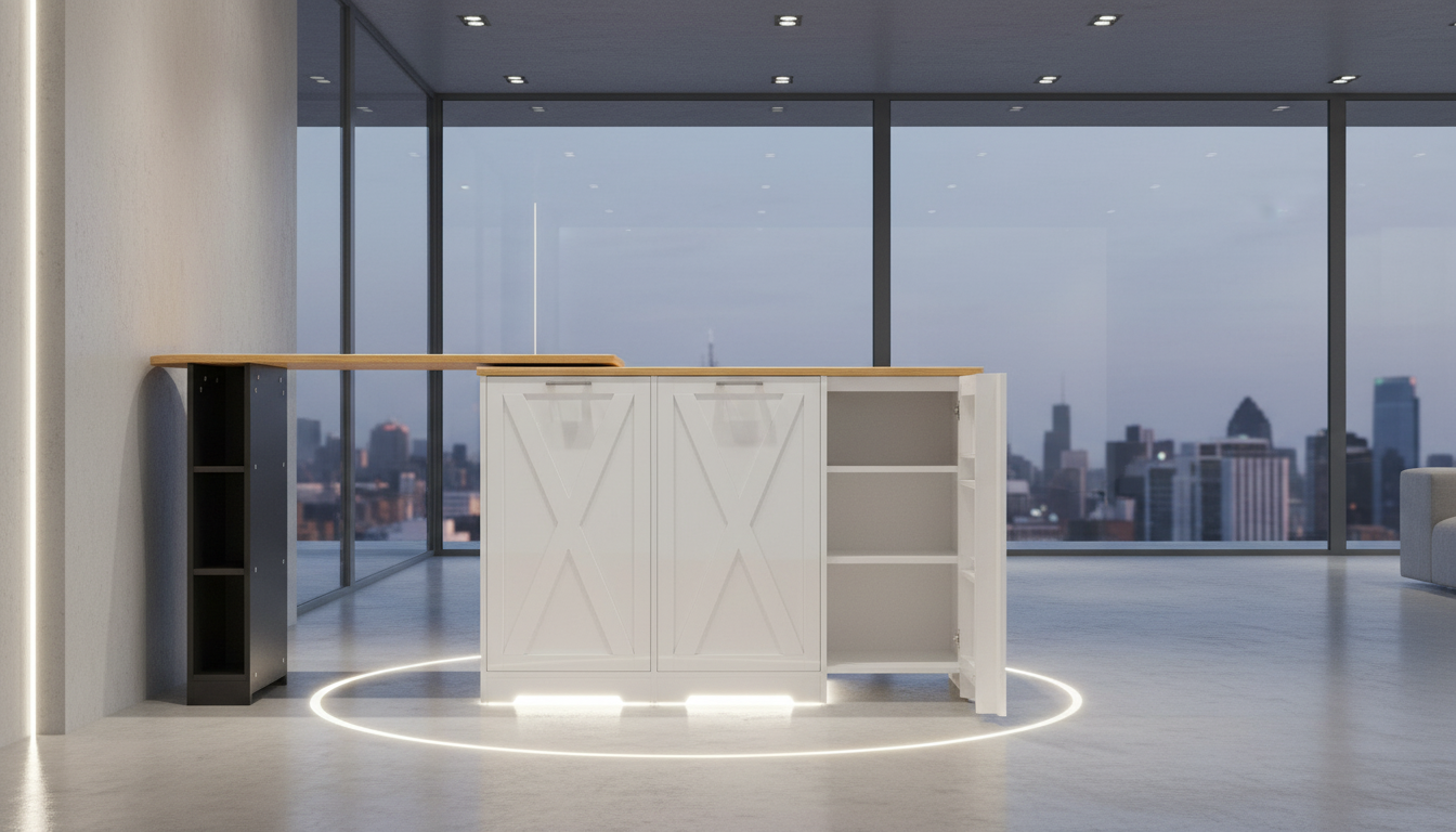 Best adjustable orientation bar table in the UK 2026 Jaxenor white high-gloss rotating bar table showing pivot motion from L-shape to straight configuration. Best adjustable orientation bar table