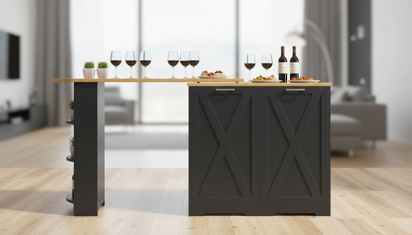 Best adjustable orientation bar table in the UK 2026 Jaxenor extendable bar table arranged in a straight line with wine glasses and appetizers for a party.