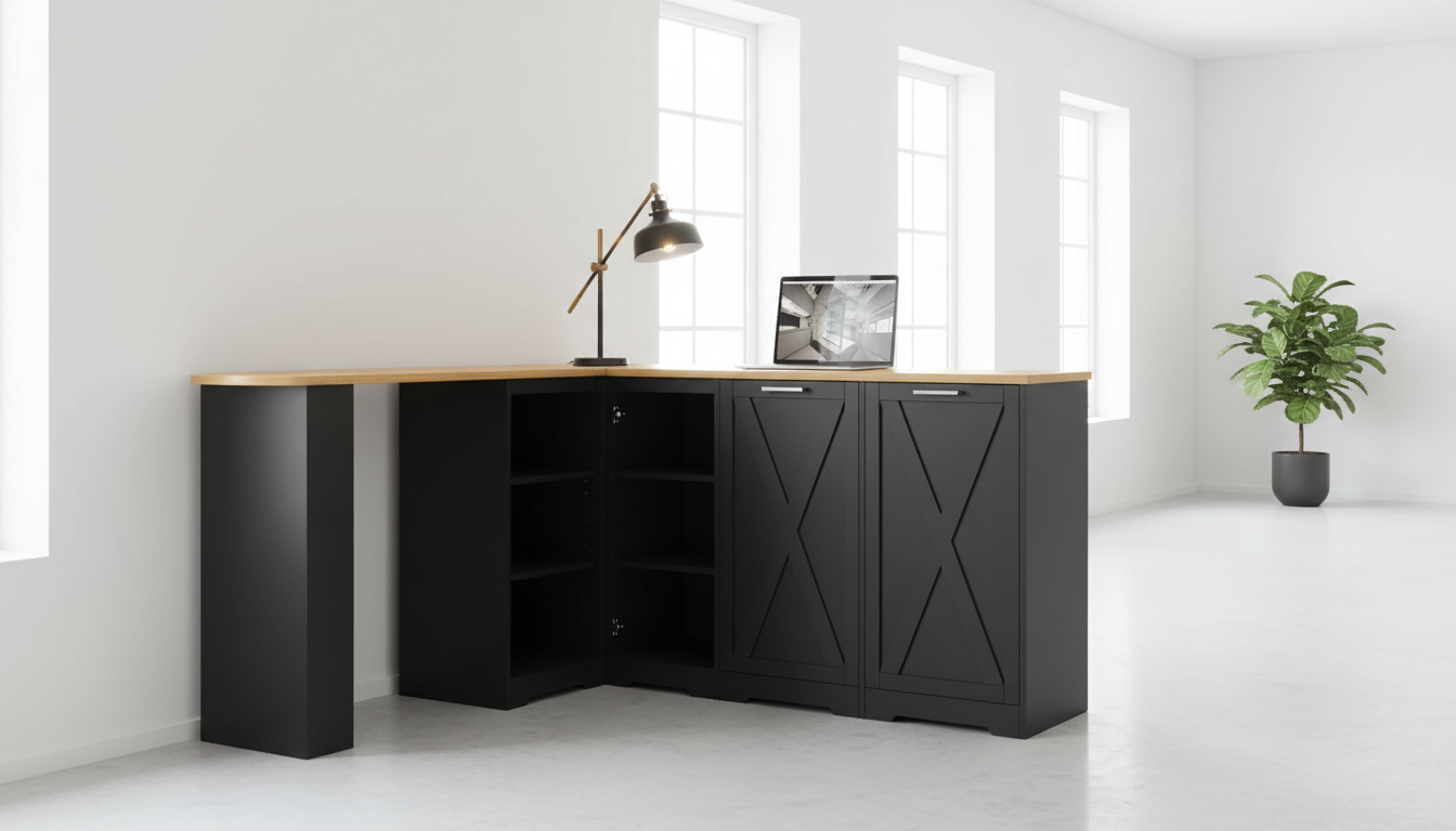 Best adjustable orientation bar table in the UK 2026 Jaxenor L-shaped rotating bar table used as a compact workspace with a laptop and modern desk lamp.