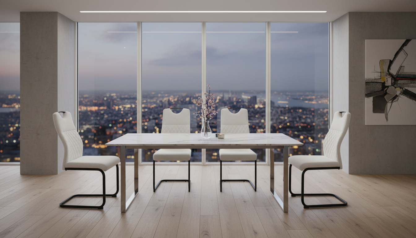 Best faux leather dining chairs with chrome base in the UK 2026 Four white cantilever dining chairs around a marble table in a modern high-rise apartment at night. Best faux leather dining chairs