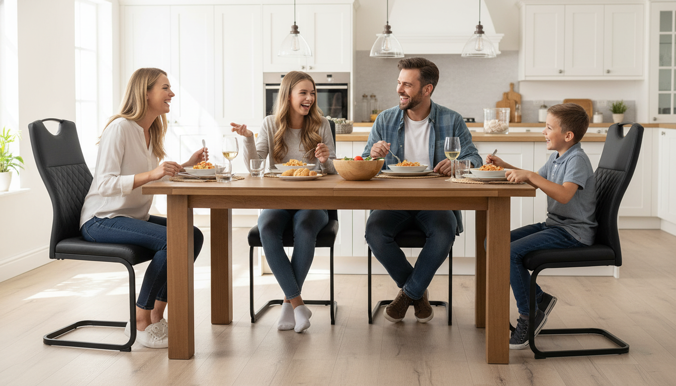 Best faux leather dining chairs with chrome base in the UK 2026 Family sitting on black faux leather cantilever dining chairs enjoying dinner in a bright kitchen.