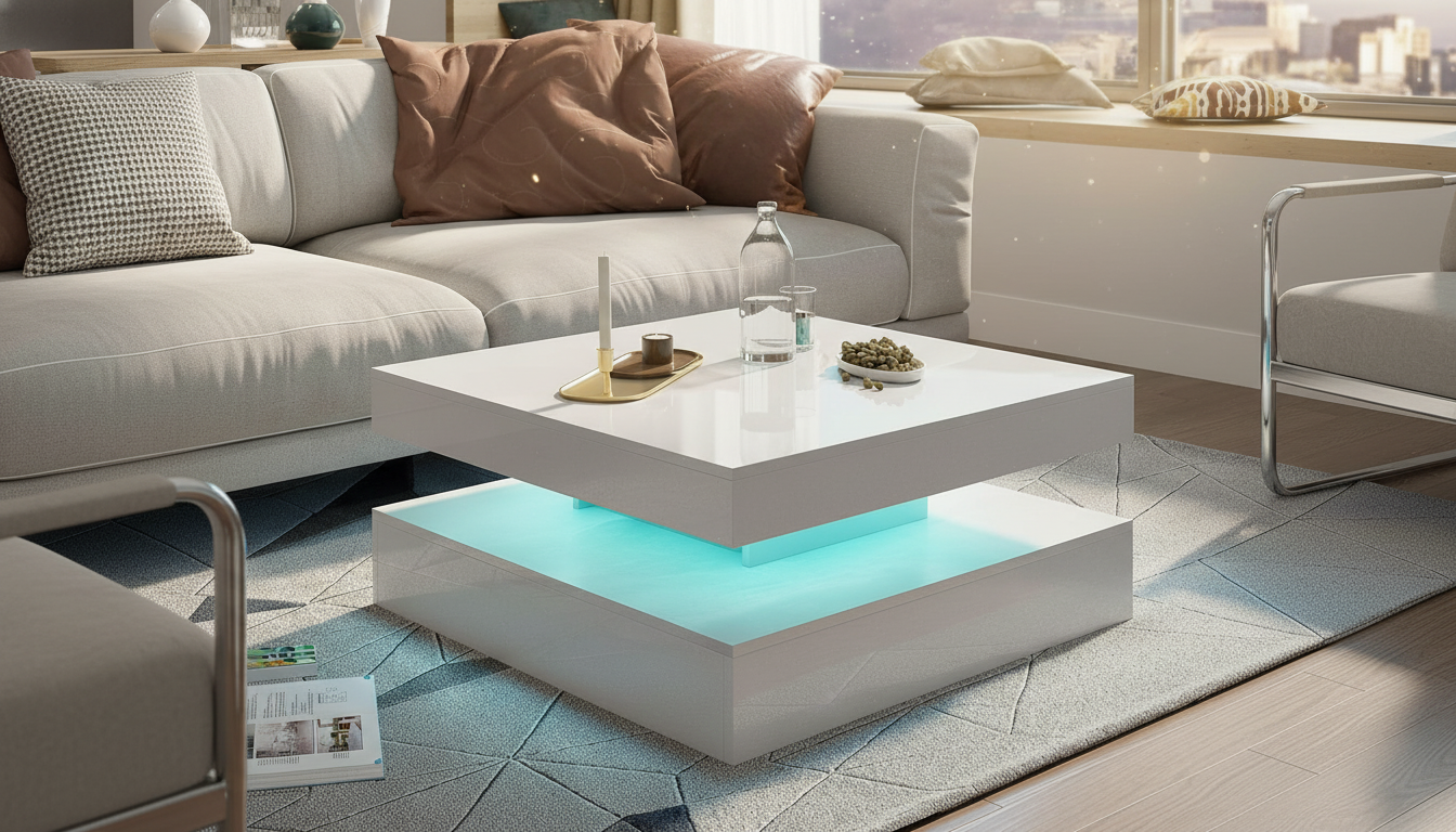 High-gloss white LED coffee table with cyan lighting glowing in a modern apartment at dusk. Best coffee table for gaming rooms