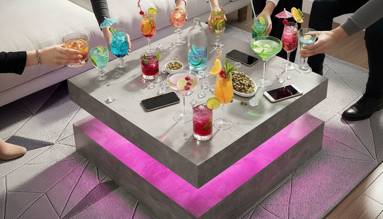 LED coffee table glowing pink with colorful cocktails arranged on top in a lively setting.