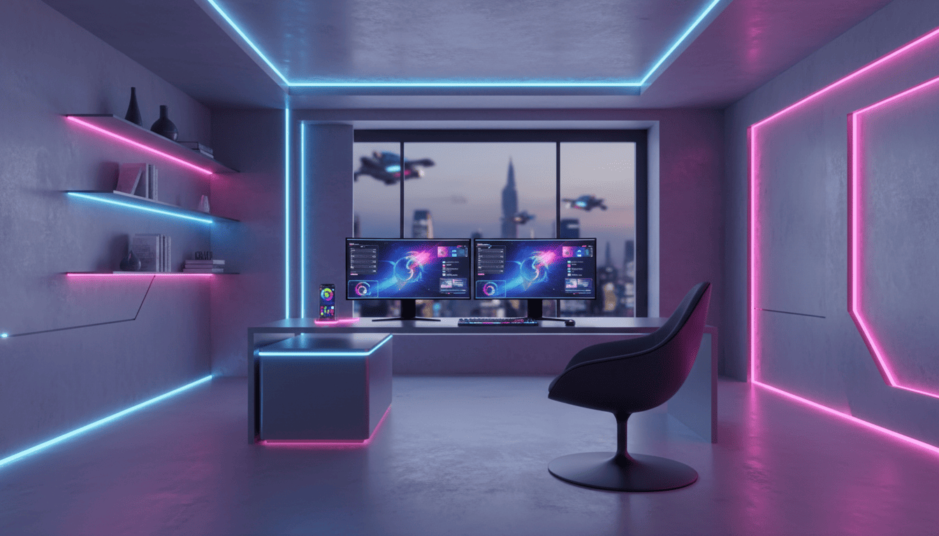Home office setup with LED strip lights glowing pink and blue around desk edges. Best music-syncing LED strips Leeleberd
