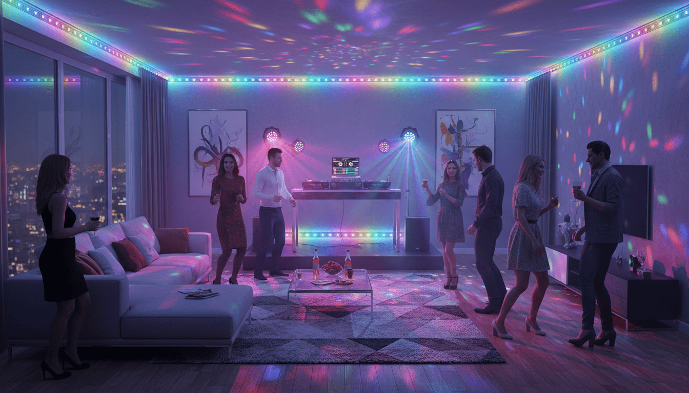 Living room with LED strip lights flashing in sync with music during a party.