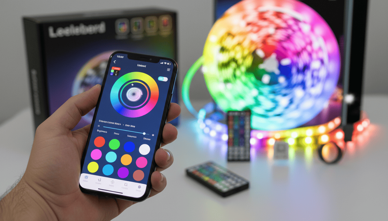 Smartphone controlling LED strip lights through a colorful app interface.