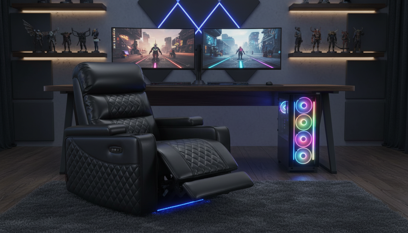 Black leather MCombo cinema recliner chair with blue LED base lighting in a modern gaming room with dual monitors and a neon PC setup. Best electric recliner for gaming and movies