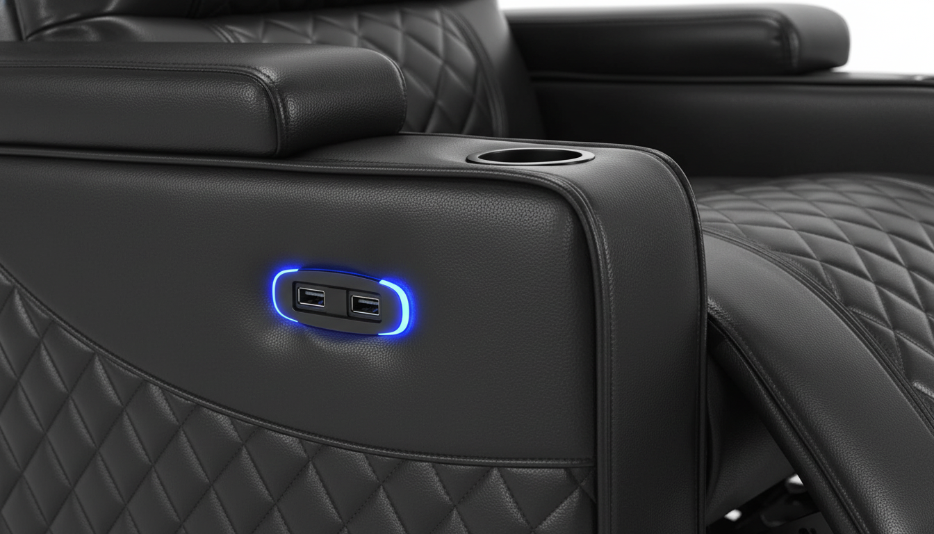 Close-up of MCombo recliner side control panel with dual USB charging ports glowing blue.