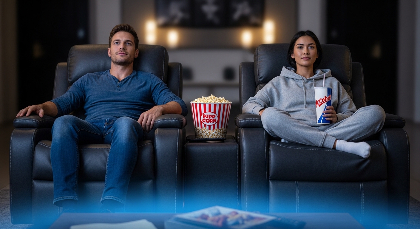 Couple relaxing on two MCombo LED recliner chairs with drinks and popcorn in a cozy home theater setting.