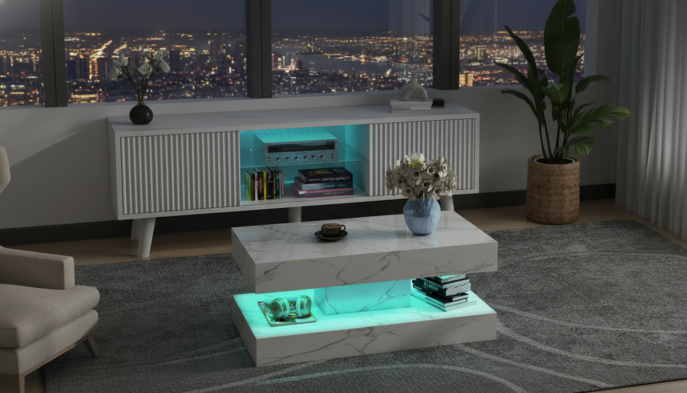 COSVALVE white marble LED coffee table glowing green in a luxury high-rise apartment with city lights at night. Best luxury LED coffee table for modern lounges
