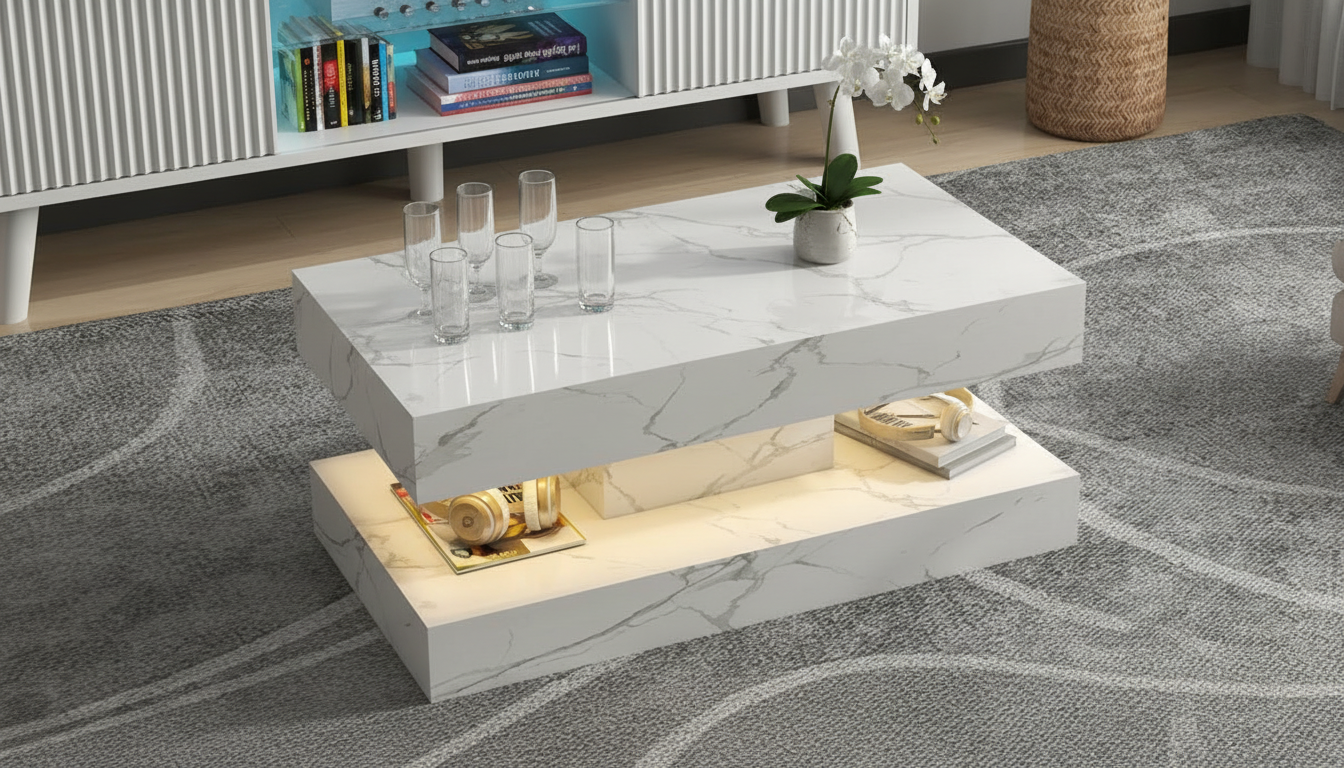Top view of COSVALVE marble LED coffee table with crystal glasses and orchid, illuminated with warm gold lighting.