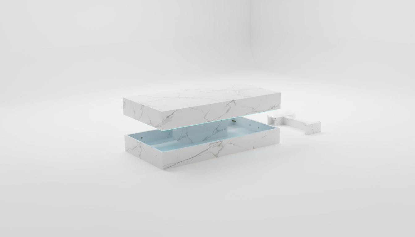 COSVALVE LED coffee table 3D render showing internal storage compartments and integrated LED strip design.