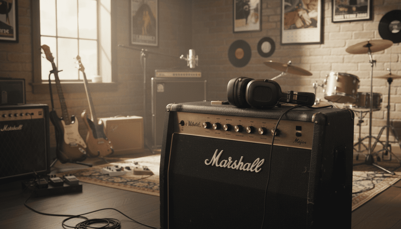 Best on-ear headphones for long battery life in the UK 2026 Marshall Major V headphones resting on a vintage guitar amp in a sunlit music studio. Best on-ear headphones