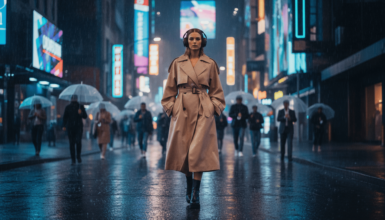 Best on-ear headphones for long battery life in the UK 2026 Woman wearing Marshall Major V headphones walking through a neon-lit rainy city street.