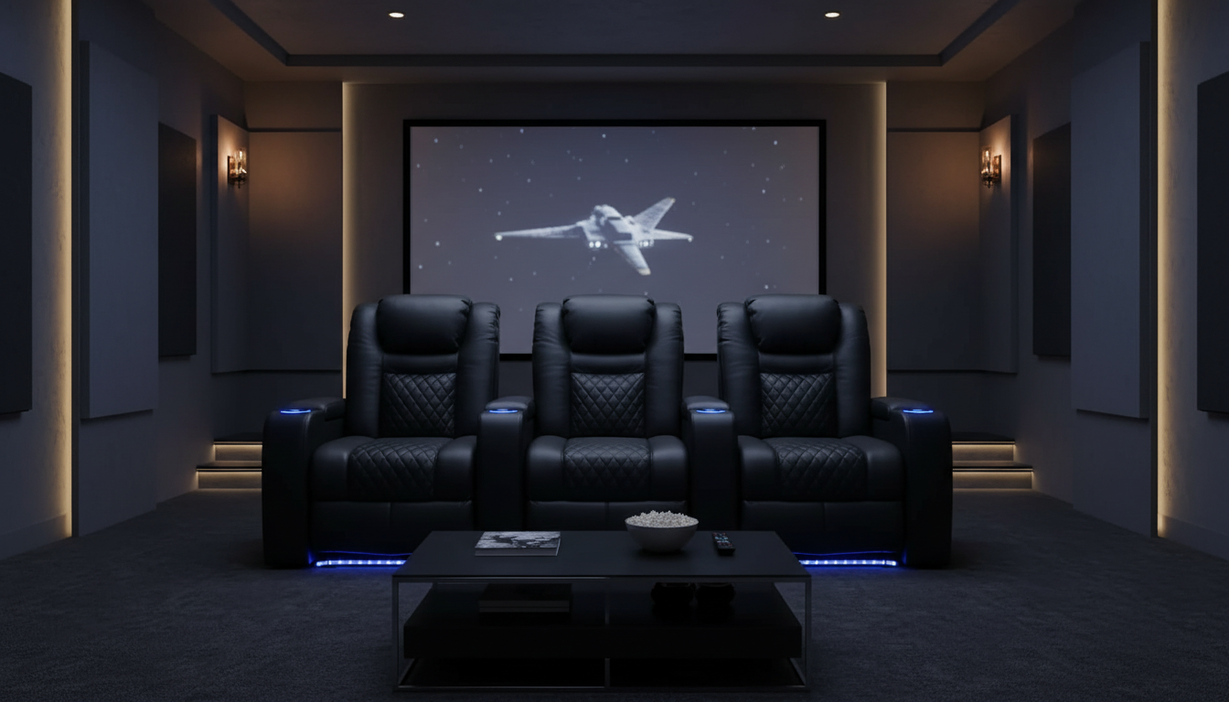 Best home cinema sofa with LED cup holders in the UK 2026 Black air-leather 3-seater cinema sofa with blue LED cup holders in a home theater setup. Best home cinema sofa
