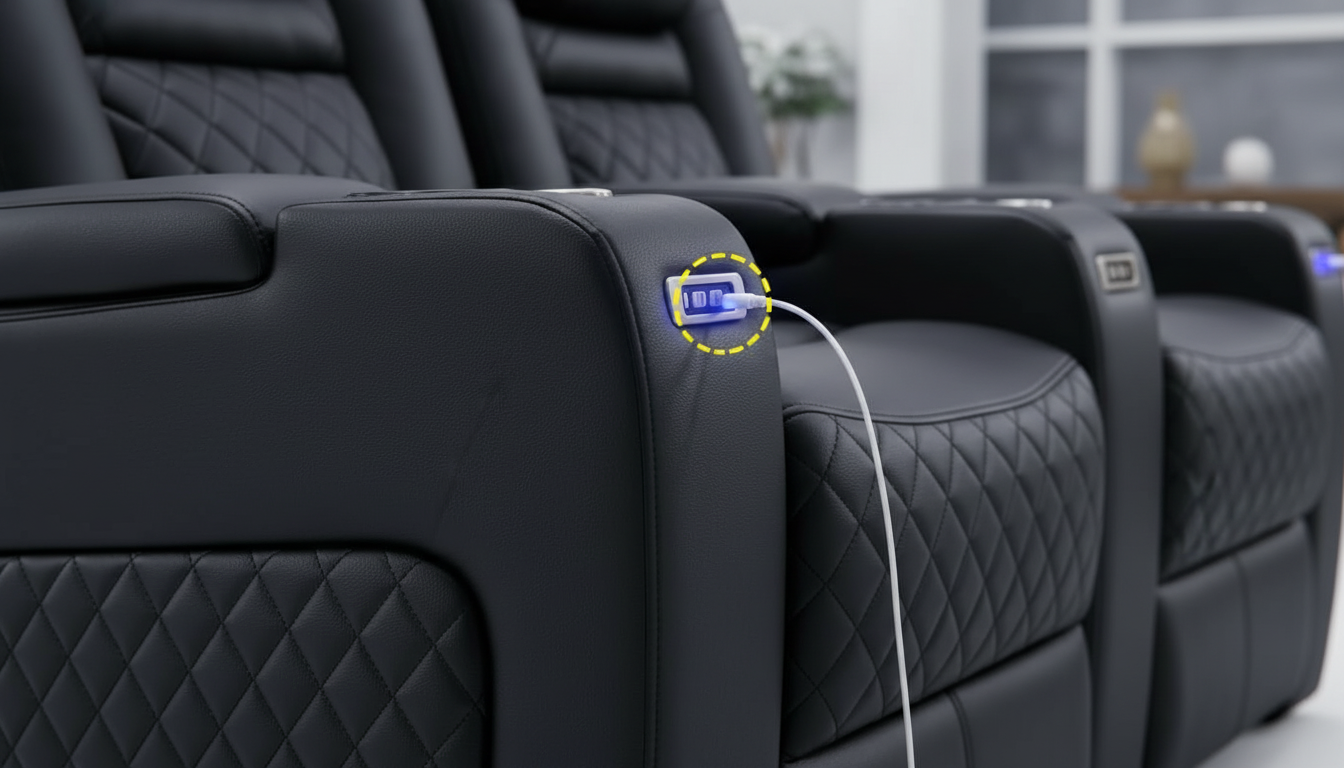 Best home cinema sofa with LED cup holders in the UK 2026 Close-up of diamond-stitched leather upholstery with a glowing USB-C port on a recliner sofa.