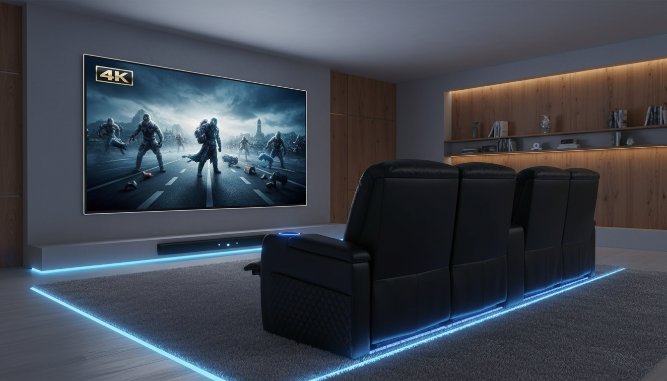 Best home cinema sofa with LED cup holders in the UK 2026 Modern living room with a large screen and cinema sofa illuminated by soft blue ambient lighting.