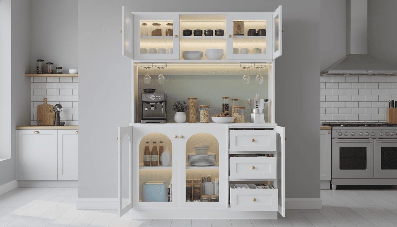 White 72-inch kitchen pantry cabinet with doors open and warm LED lighting inside. Best kitchen pantry