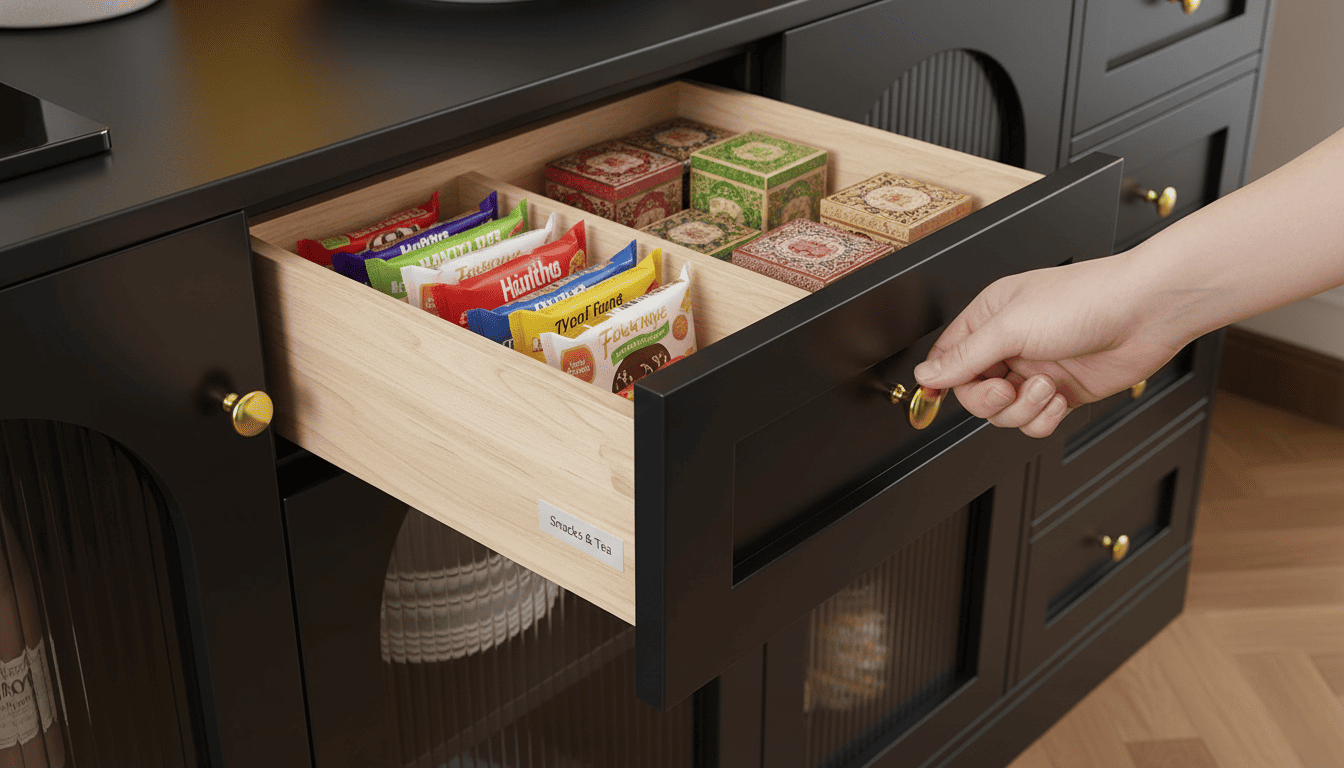 Hand opening a wooden drawer in a pantry cabinet showing neatly arranged snacks and tea.