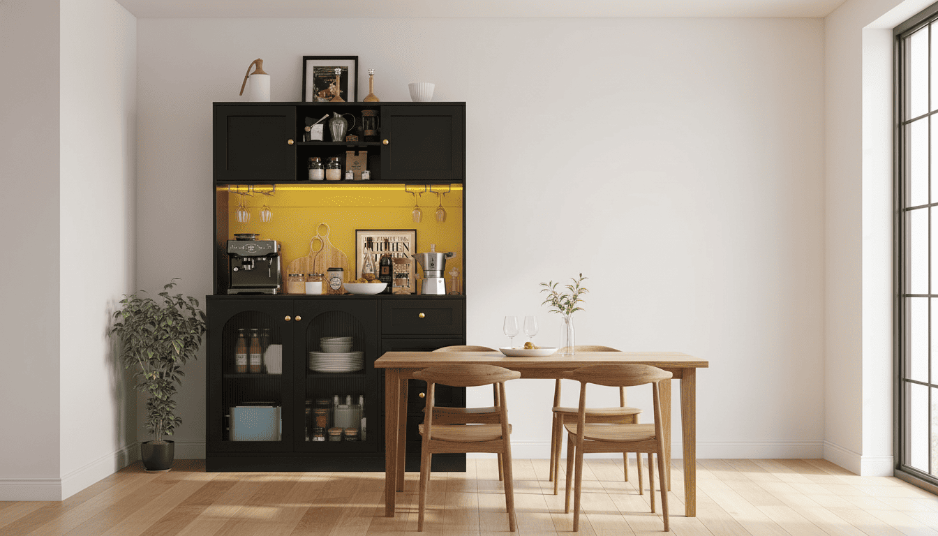 Tall farmhouse-style cabinet in a dining room corner displaying dishes and glassware behind glass doors.
