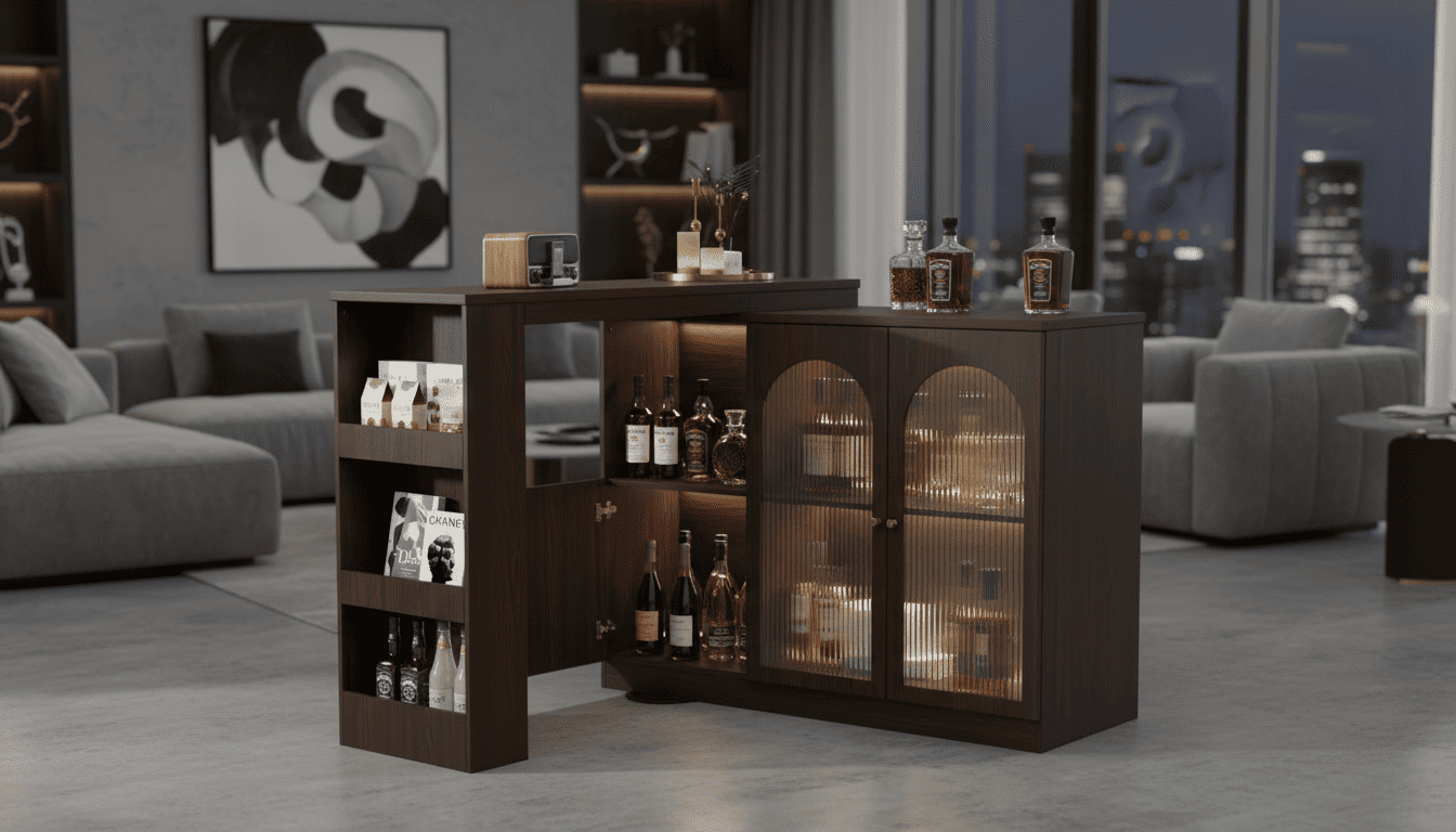 Best rotating home bar for modern interiors in the UK 2026 Dark wood rotating bar cabinet mid-turn revealing illuminated glass shelves and liquor bottles. Best rotating home bar