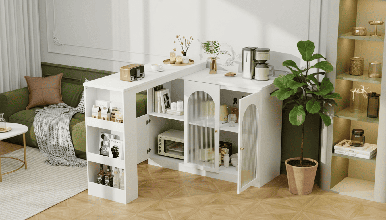 Best rotating home bar for modern interiors in the UK 2026 Compact bar cabinet placed in a living room corner next to a large plant in a minimalist setting.