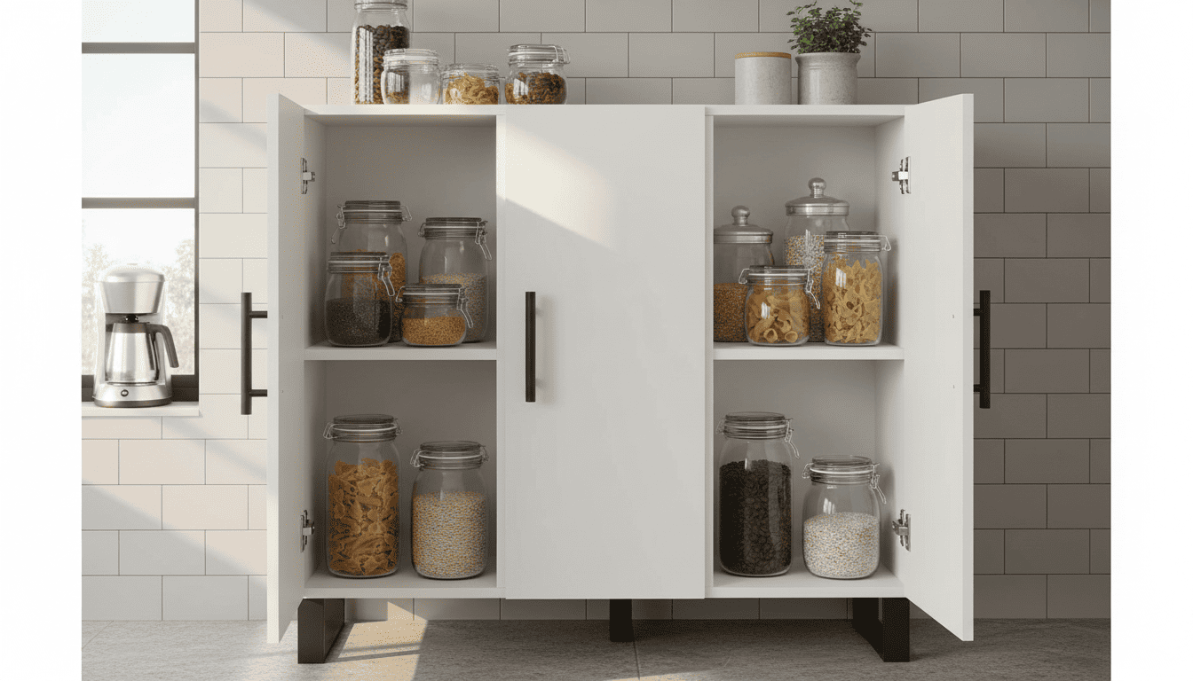 White Natulvd 3-door kitchen cabinet with doors slightly open showing organized pantry jars. Best floor-standing cabinet