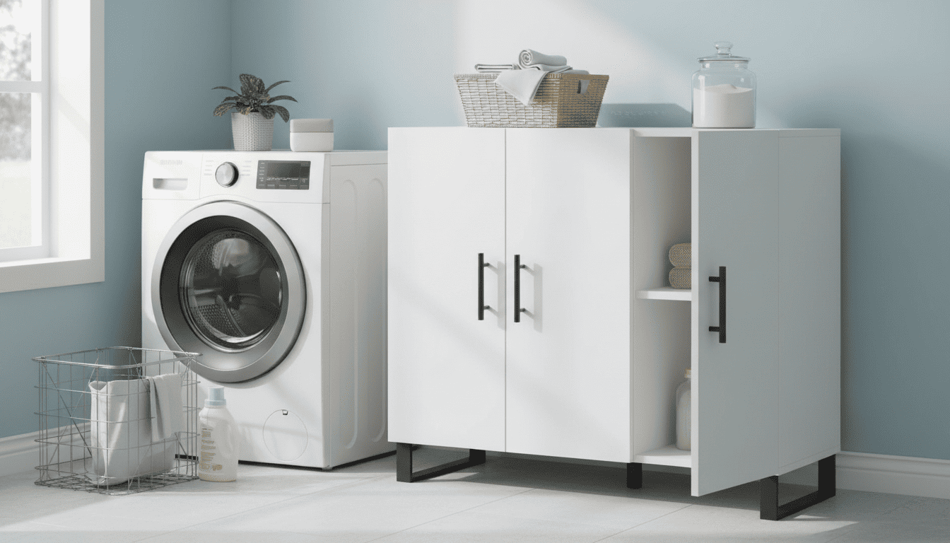 Natulvd cabinet placed in a bright laundry room with sunlight highlighting the white finish.