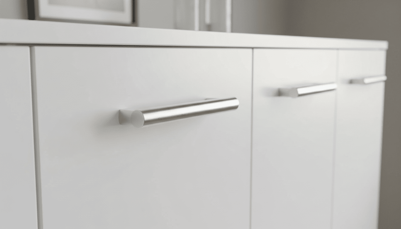Close-up of a silver handle on a Natulvd white cabinet door showing smooth finish.
