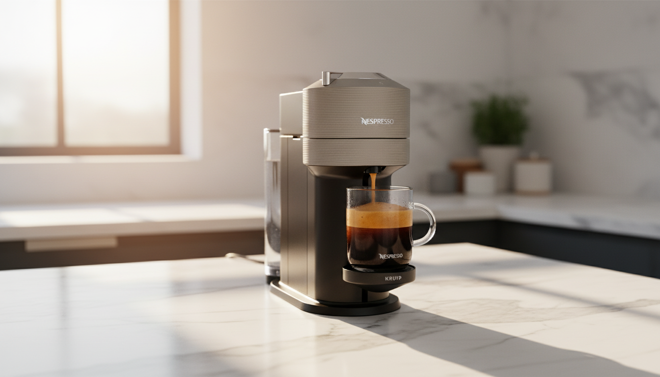 Best coffee machine for office and home use in the Uk 2026 Matte-black Nespresso Vertuo Next coffee machine brewing into a glass mug with golden crema on a marble countertop. Best coffee machine for office and home