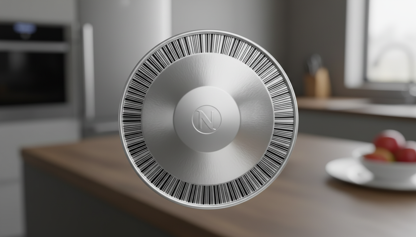 Best coffee machine for office and home use in the Uk 2026 Close-up of a Nespresso Vertuo pod barcode rim used for automatic brew recognition.