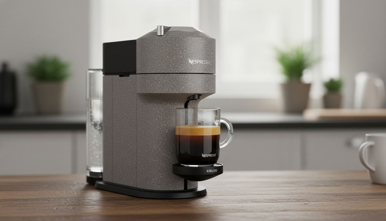 Best coffee machine for office and home use in the Uk 2026 Close-up of the Nespresso Vertuo Next body showing textured recycled plastic material.