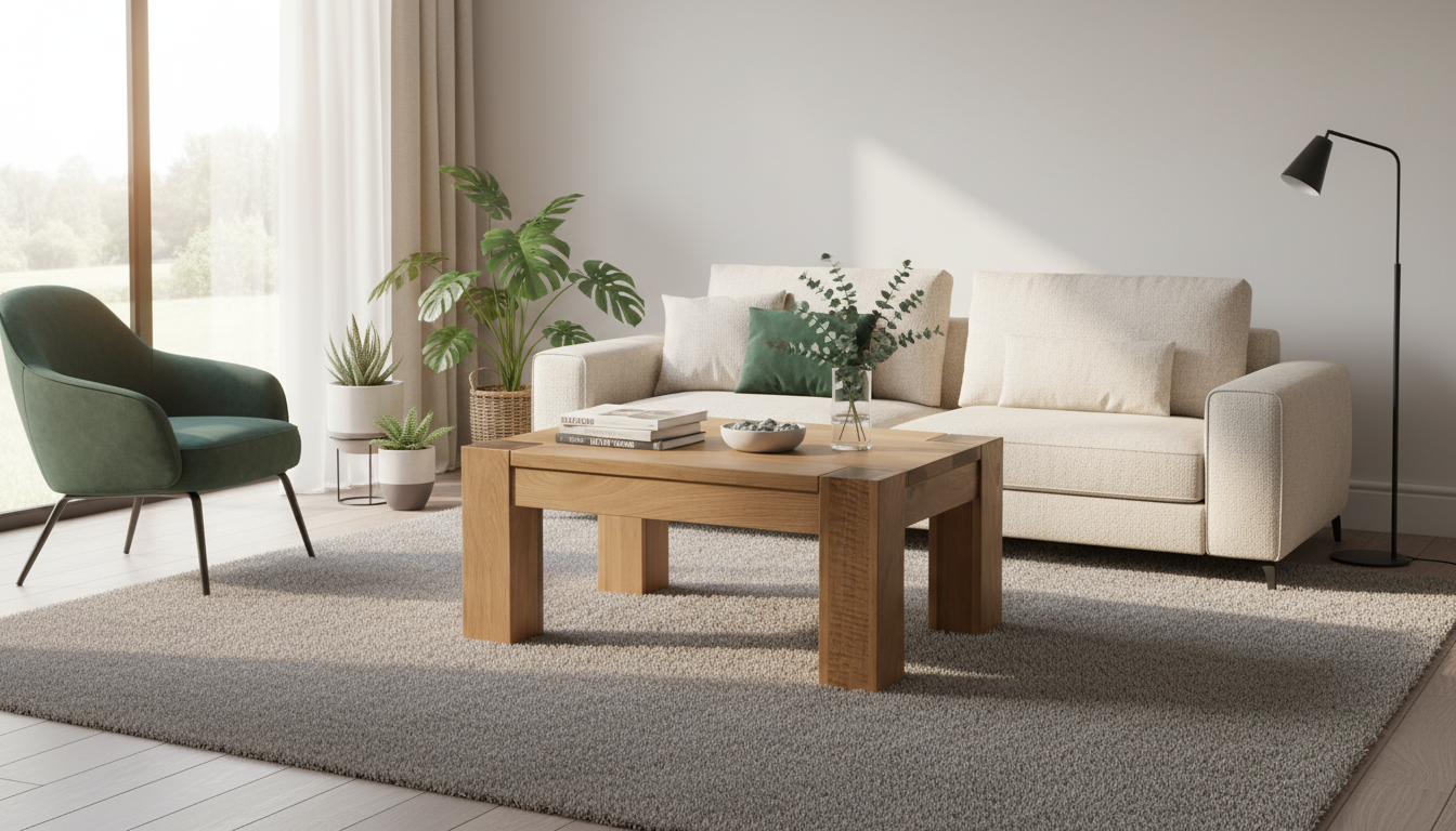 Chunky solid oak coffee table in a modern living room with soft sunlight and green plants. Best solid oak living room furniture