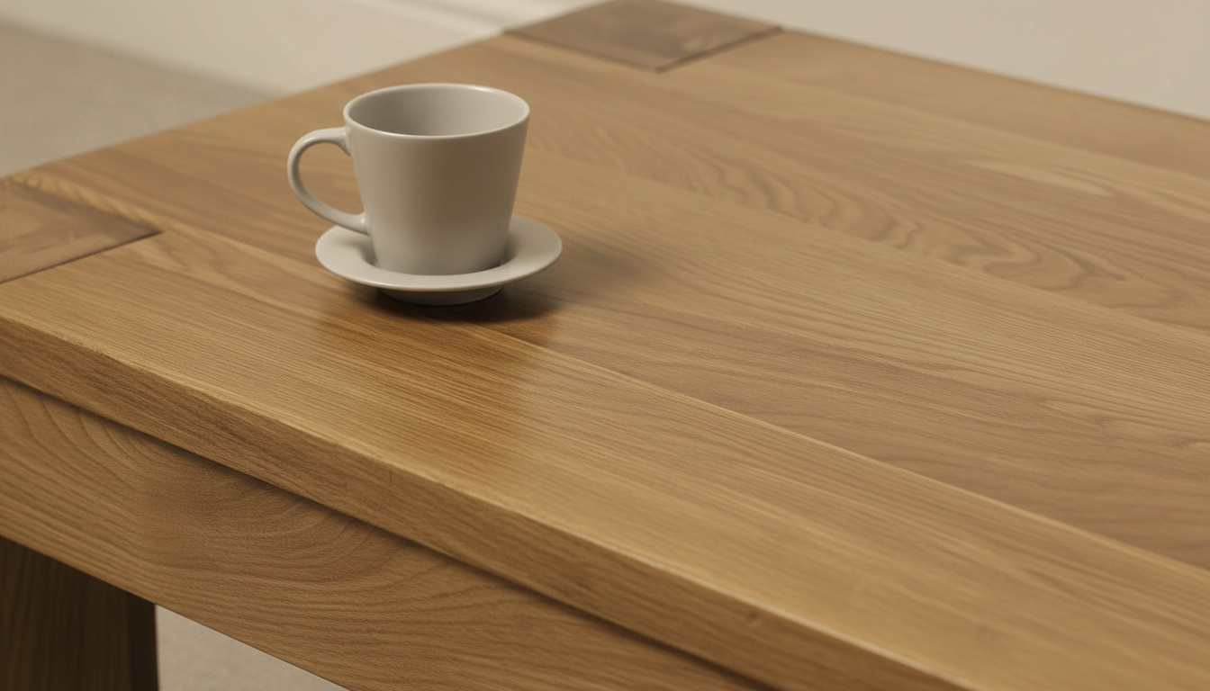 Close-up of solid oak wood grain tabletop with a ceramic mug, showing natural texture and finish.