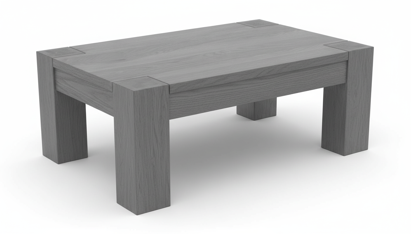 3D render of a solid oak coffee table highlighting thick legs and seamless joinery.
