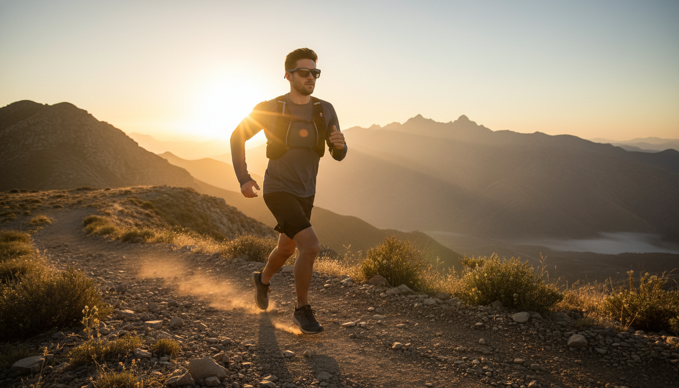 Runner wearing black smart audio sunglasses on a mountain trail at sunrise. Best smart glasses 