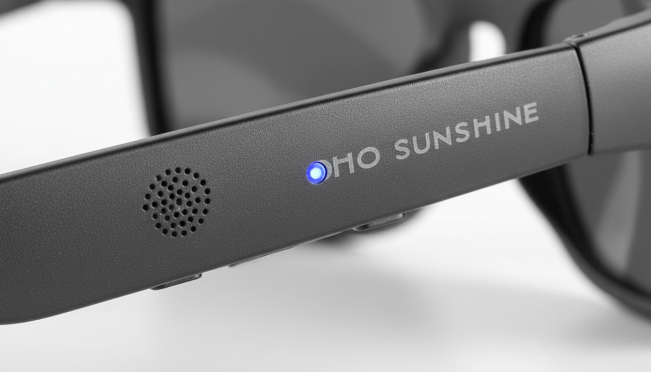 Close-up of smart glasses showing built-in speaker mesh and Bluetooth indicator light.