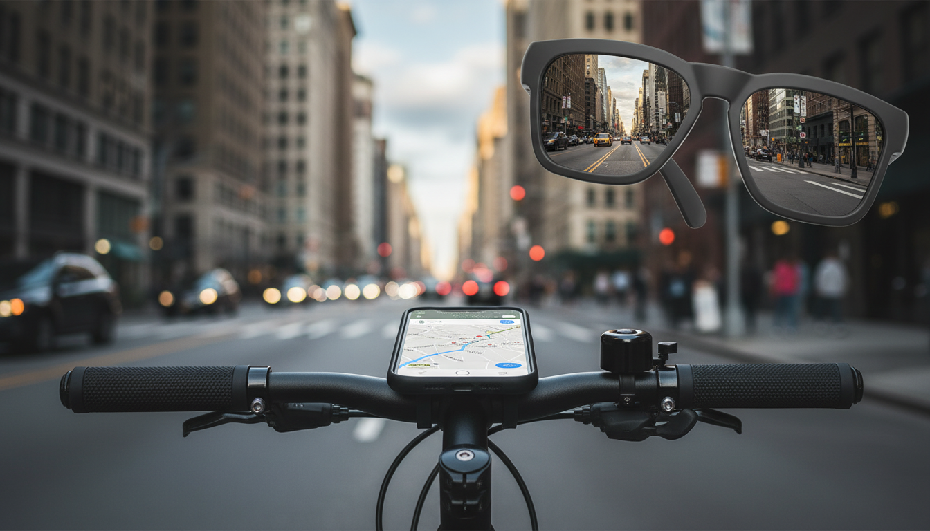 Cyclist POV with smart audio sunglasses visible and city reflected in the lenses.