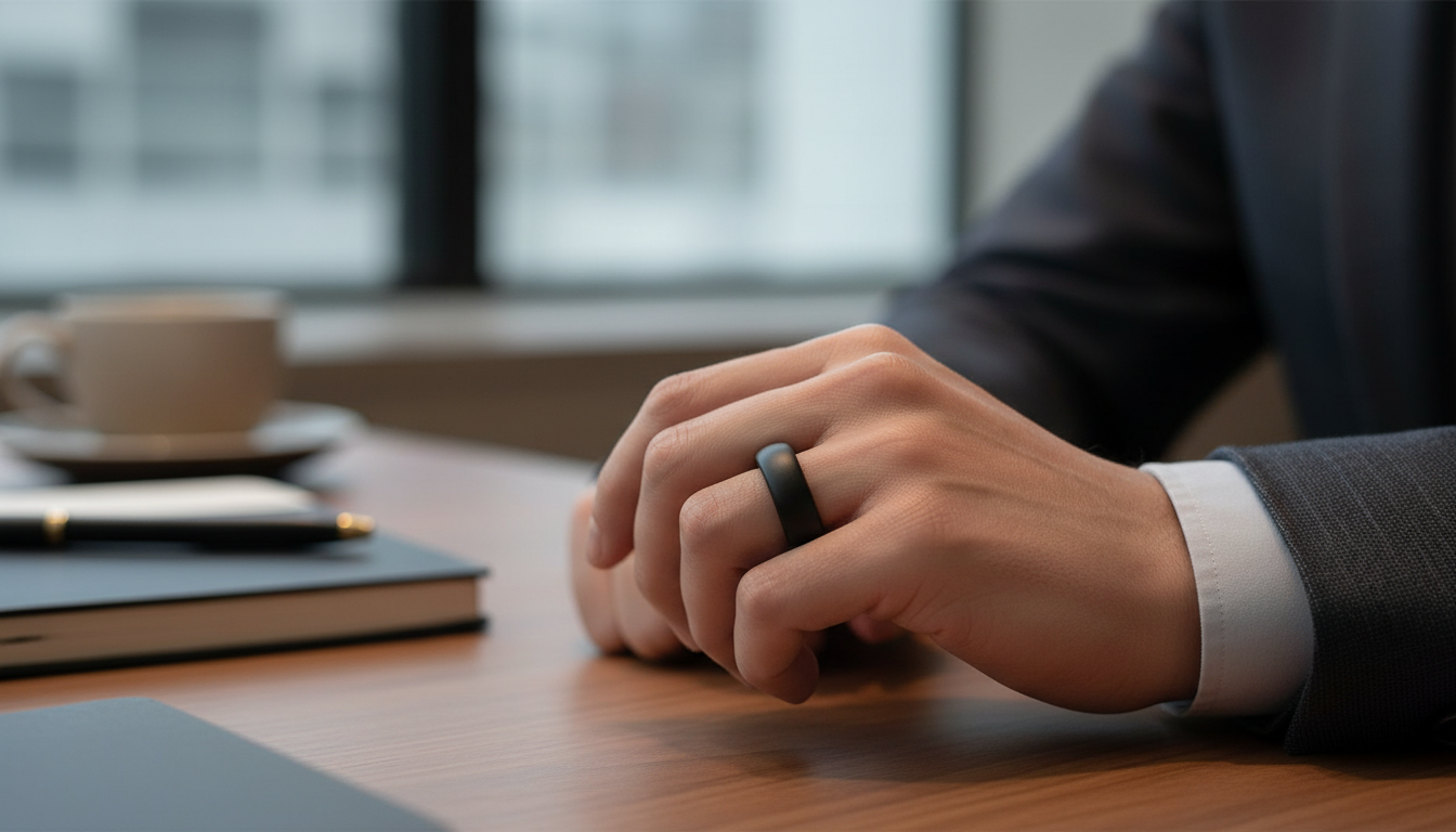 Stealth-black Oura Ring 4 worn on a hand in a business suit, highlighting the sleek finish. Best smart ring: