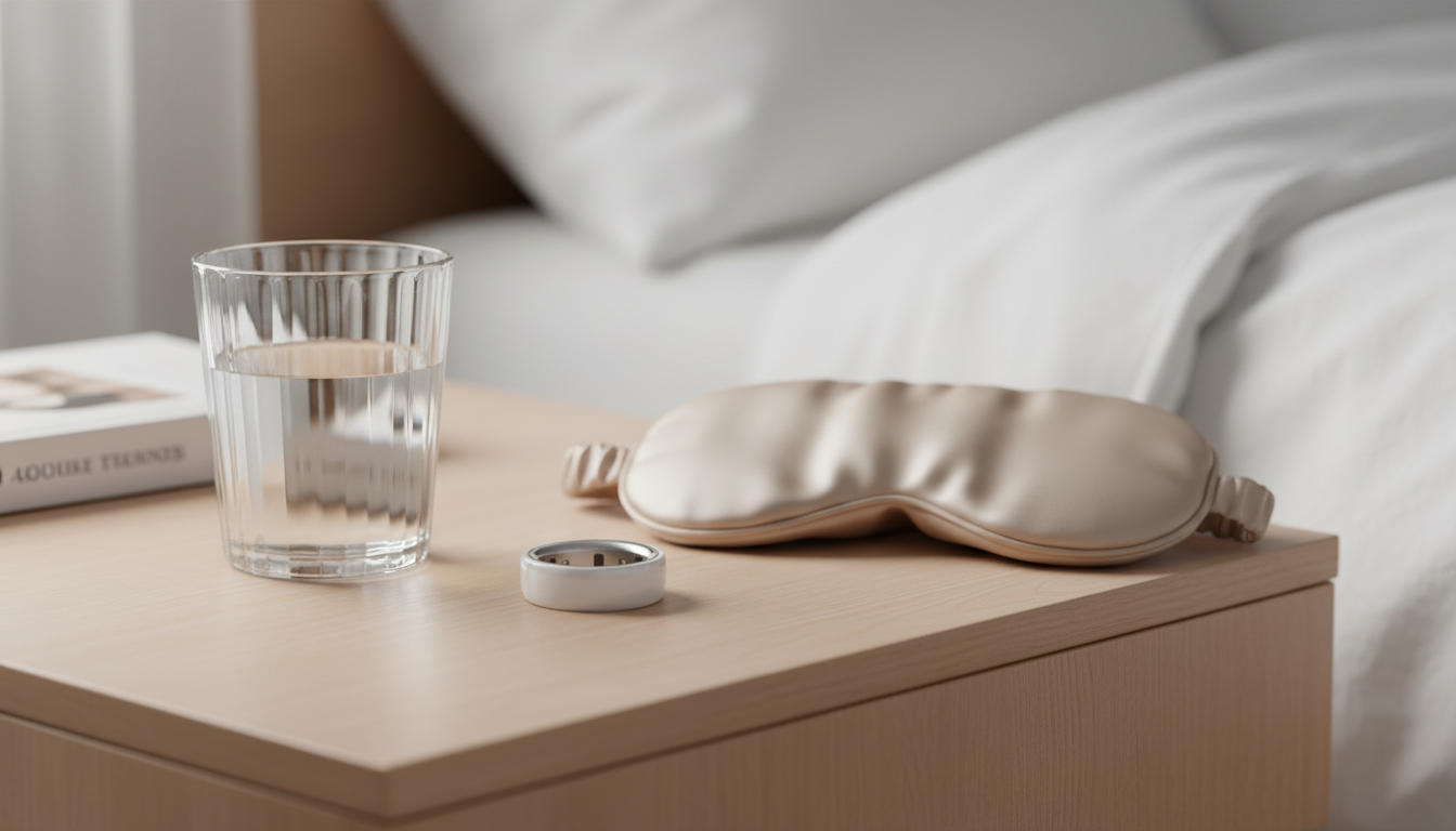 Oura Ring 4 resting on a bedside table next to a glass of water and sleep mask.