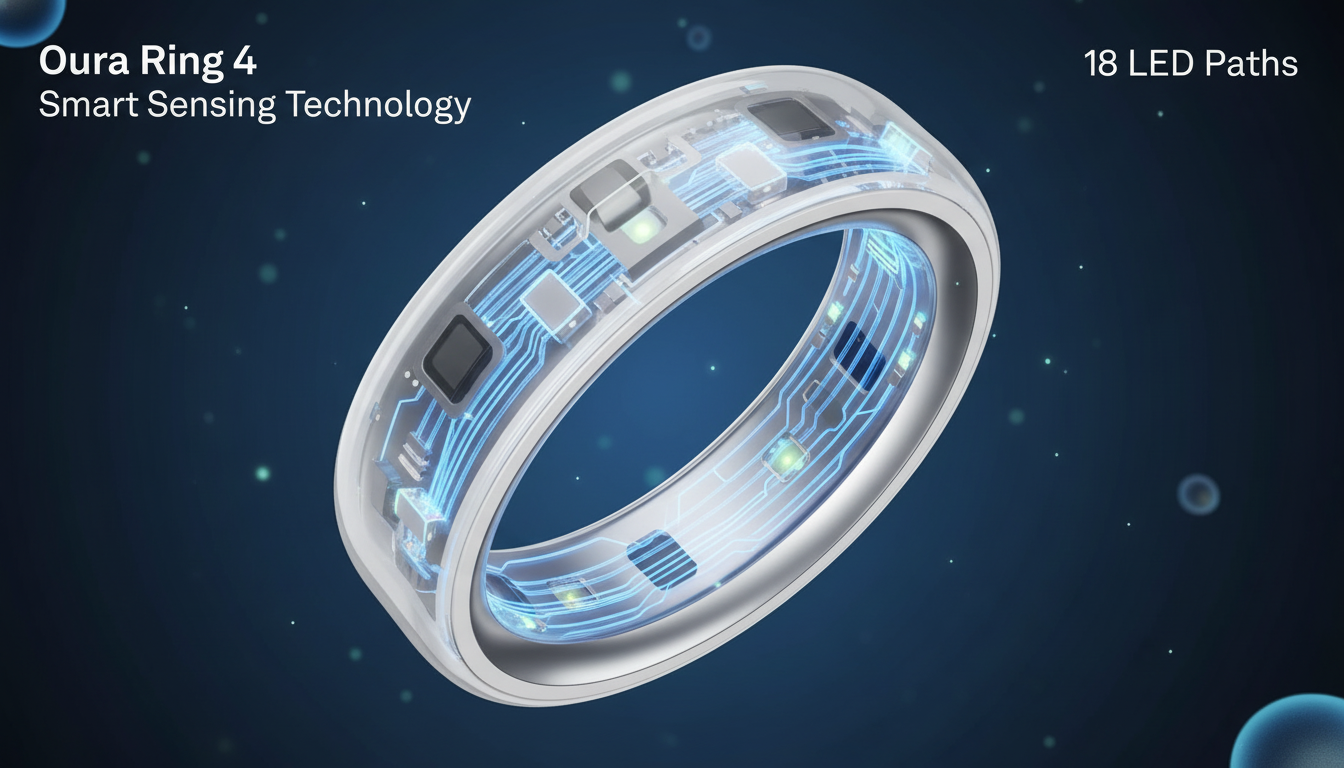 3D render of Oura Ring 4 showing internal LED sensors inside the titanium band.