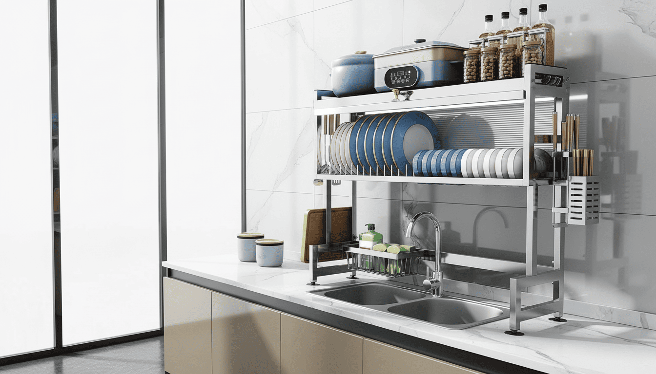3-tier stainless steel over-sink dish rack in a modern kitchen with bright lighting. Best 3-tier vertical dish storage