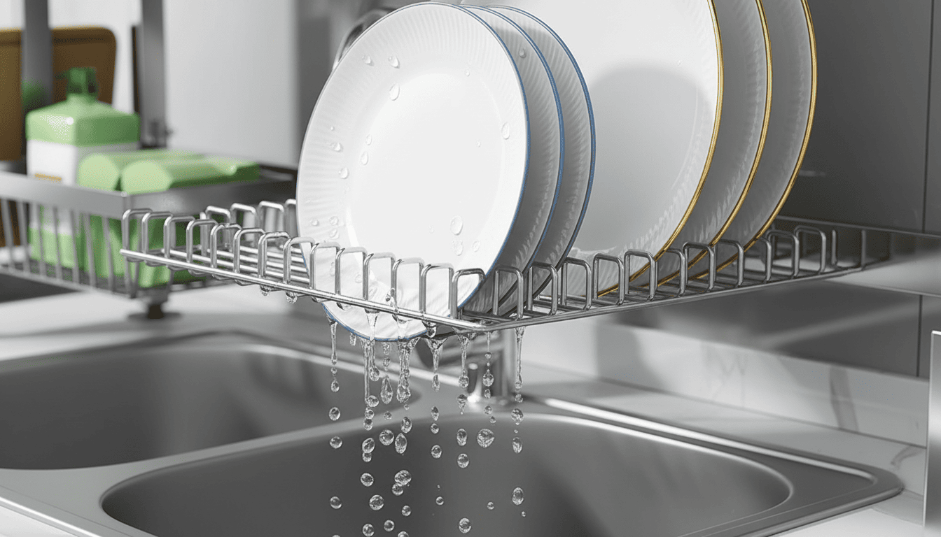 Water dripping from dishes into sink below a stainless steel over-sink rack.