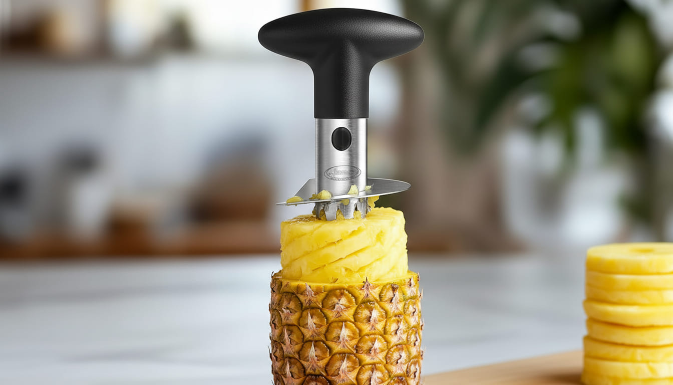 Newness stainless steel pineapple corer twisting into a fresh pineapple with juice visible. Best stainless steel fruit corer