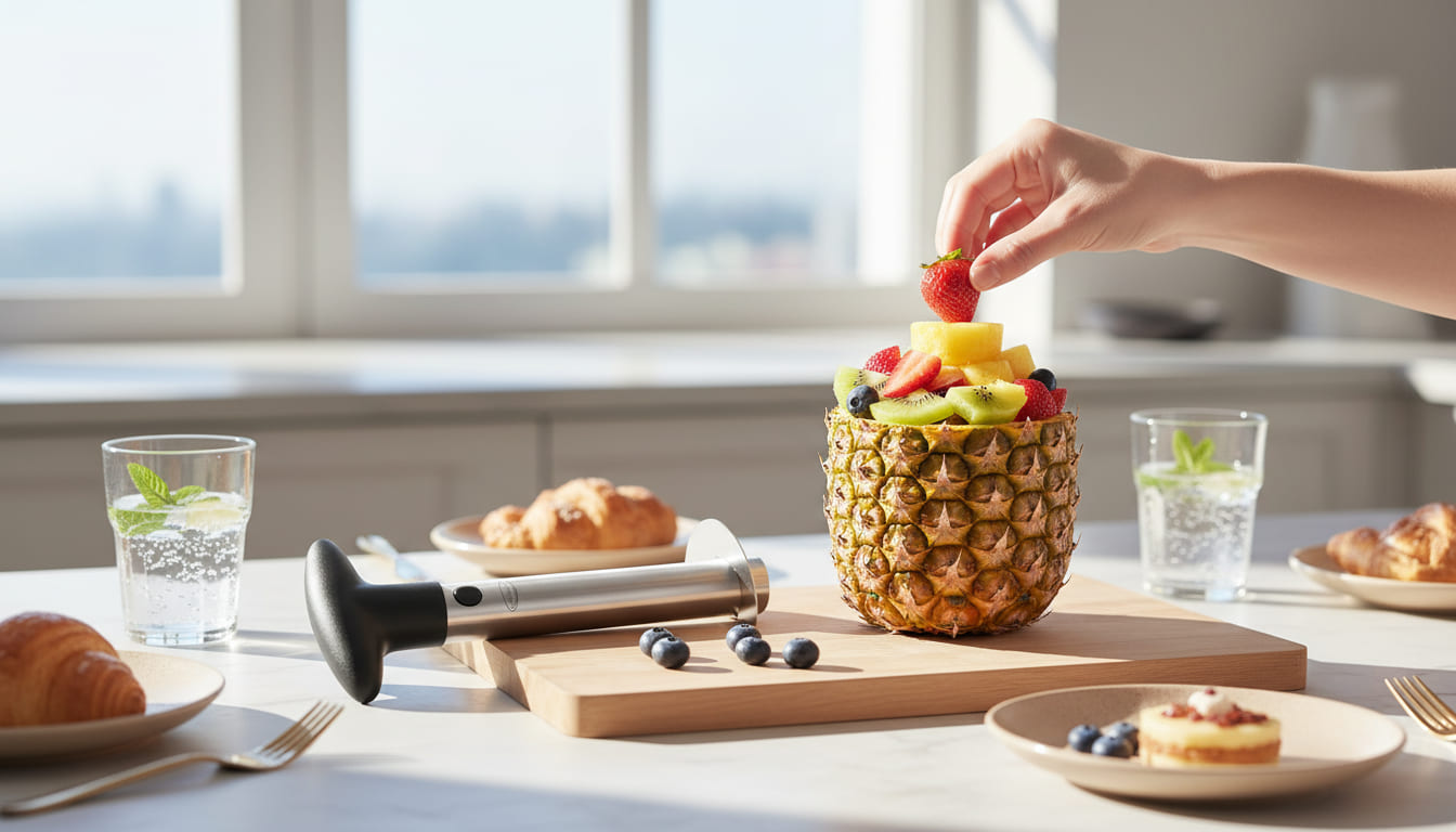 Hollowed pineapple filled with fruit salad on a brunch table with corer tool nearby.